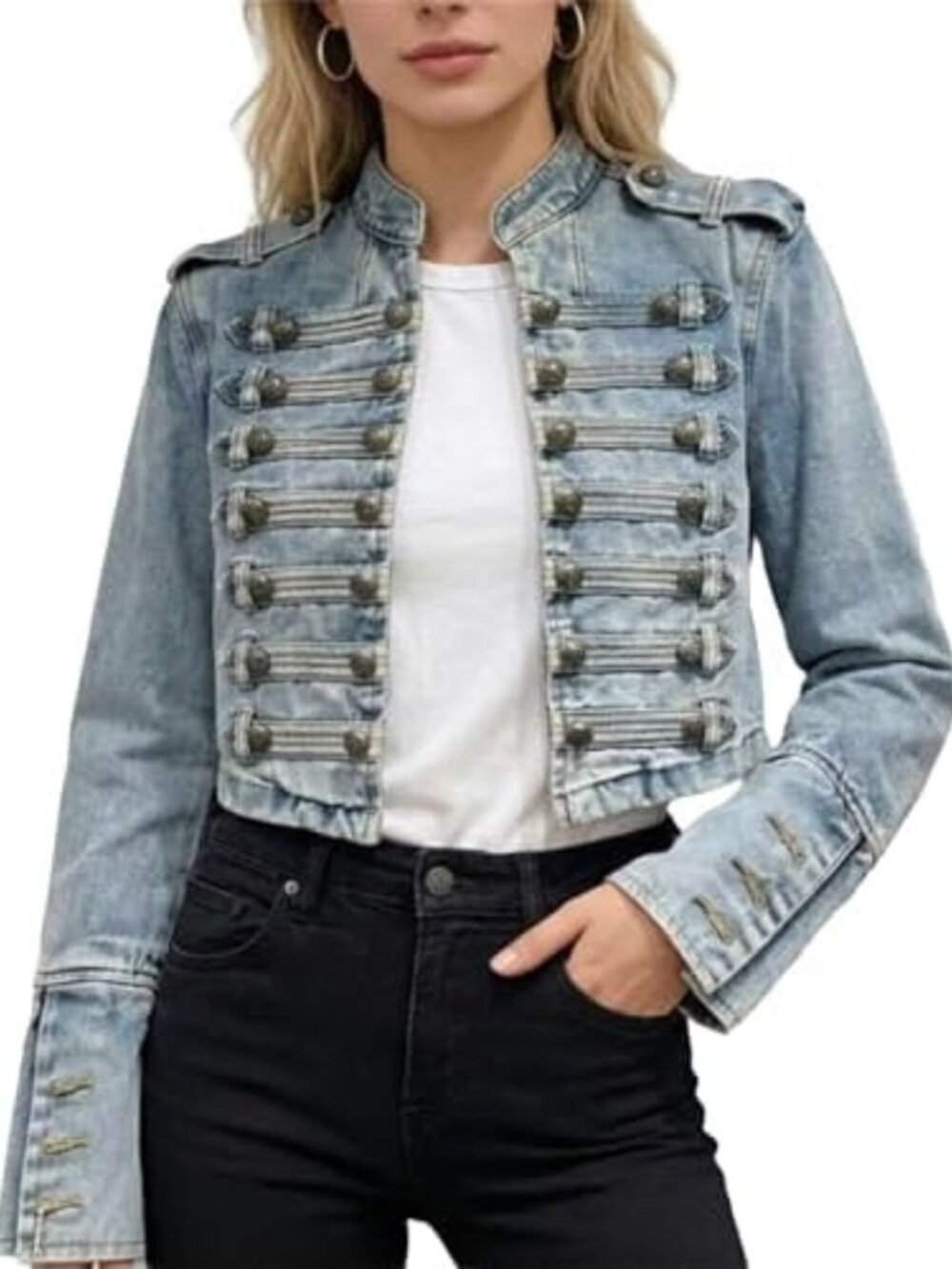Vintage Military Denim Jacket | Steampunk Jean Coat with Stand Collar | Gothic